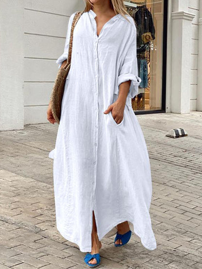 Elegant Casual Long Sleeve Maxi Dress with Pockets and Button Detail