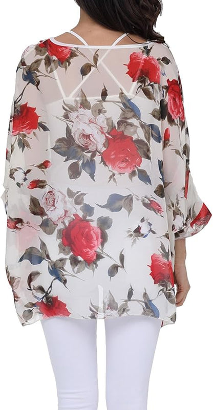 Joyce - Women's Sheer Floral Batwing Sleeve Oversized Off-Shoulder Tunic Blouse