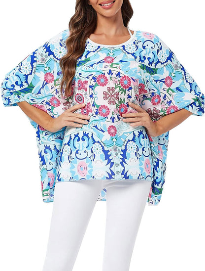 Josephine - Womens Floral Loose Batwing Sleeve Bohemian Sheer Chiffon Oversize Off Shoulder Blouse Tunic Tops