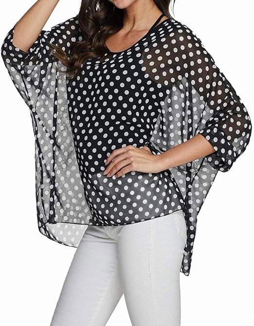 Joyce - Women's Sheer Floral Batwing Sleeve Oversized Off-Shoulder Tunic Blouse