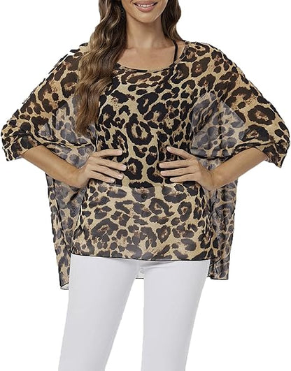 Joyce - Women's Sheer Floral Batwing Sleeve Oversized Off-Shoulder Tunic Blouse