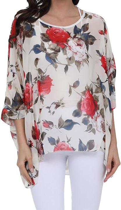 Joyce - Women's Sheer Floral Batwing Sleeve Oversized Off-Shoulder Tunic Blouse