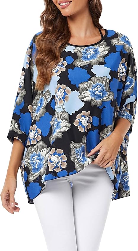 Josephine - Womens Floral Loose Batwing Sleeve Bohemian Sheer Chiffon Oversize Off Shoulder Blouse Tunic Tops