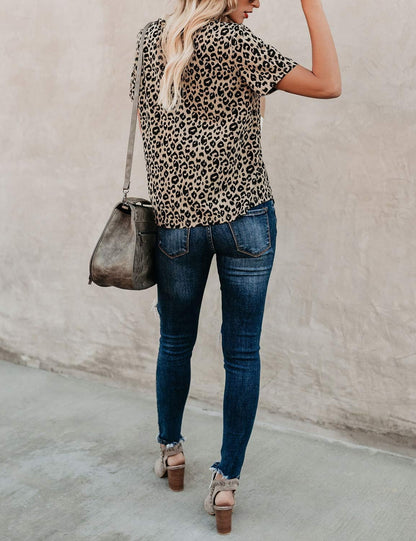 Katherine - Leopard Print Casual Crew Neck T-Shirt for Women with Short Sleeves