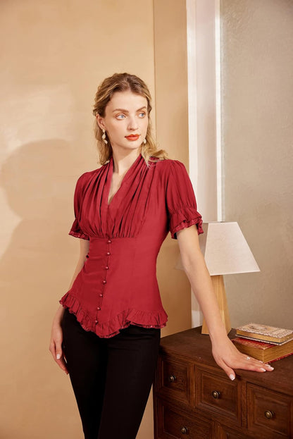 Sandra - Gothic Victorian Women's Lace-Up Blouse with Puff Sleeves and V-Neck Design