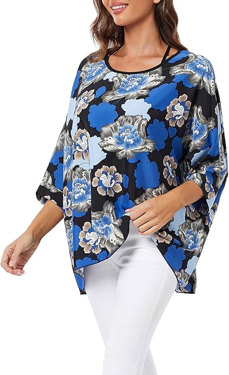 Josephine - Womens Floral Loose Batwing Sleeve Bohemian Sheer Chiffon Oversize Off Shoulder Blouse Tunic Tops