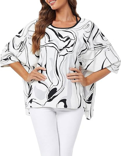 Joyce - Women's Sheer Floral Batwing Sleeve Oversized Off-Shoulder Tunic Blouse