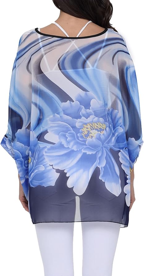 Joyce - Women's Sheer Floral Batwing Sleeve Oversized Off-Shoulder Tunic Blouse