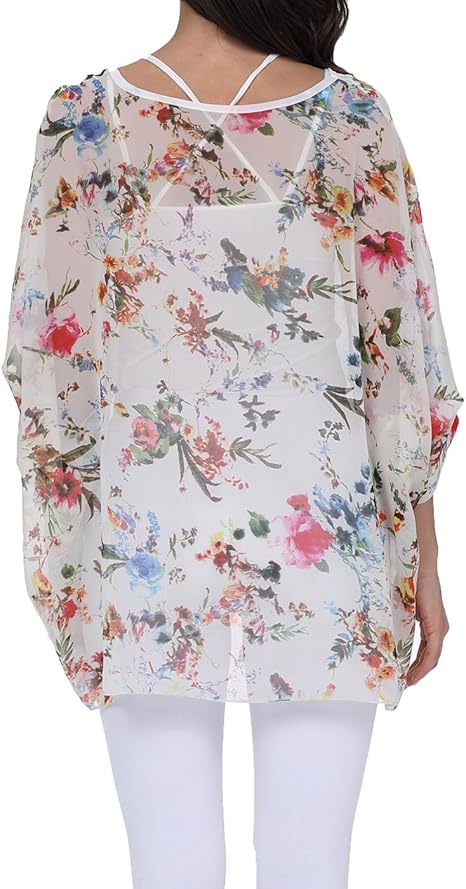 Joyce - Women's Sheer Floral Batwing Sleeve Oversized Off-Shoulder Tunic Blouse