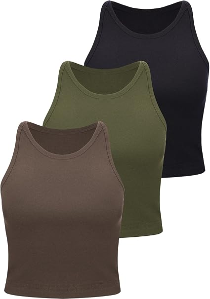 Leah - Set of 3 Women's Racerback Crop Tops - Cotton Workout Tanks for Fitness and Everyday Wear