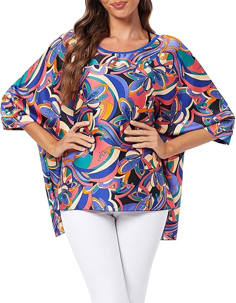 Josephine - Womens Floral Loose Batwing Sleeve Bohemian Sheer Chiffon Oversize Off Shoulder Blouse Tunic Tops