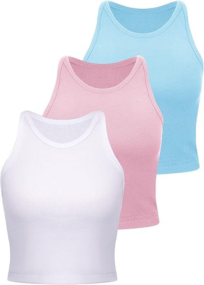 Leah - Set of 3 Women's Racerback Crop Tops - Cotton Workout Tanks for Fitness and Everyday Wear