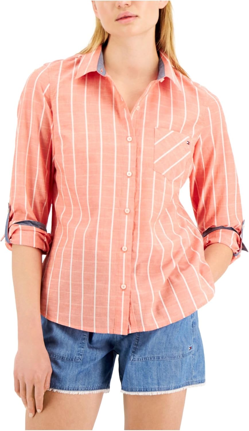 Janet - Women's Plaid Roll Tab Top Button Down Shirt