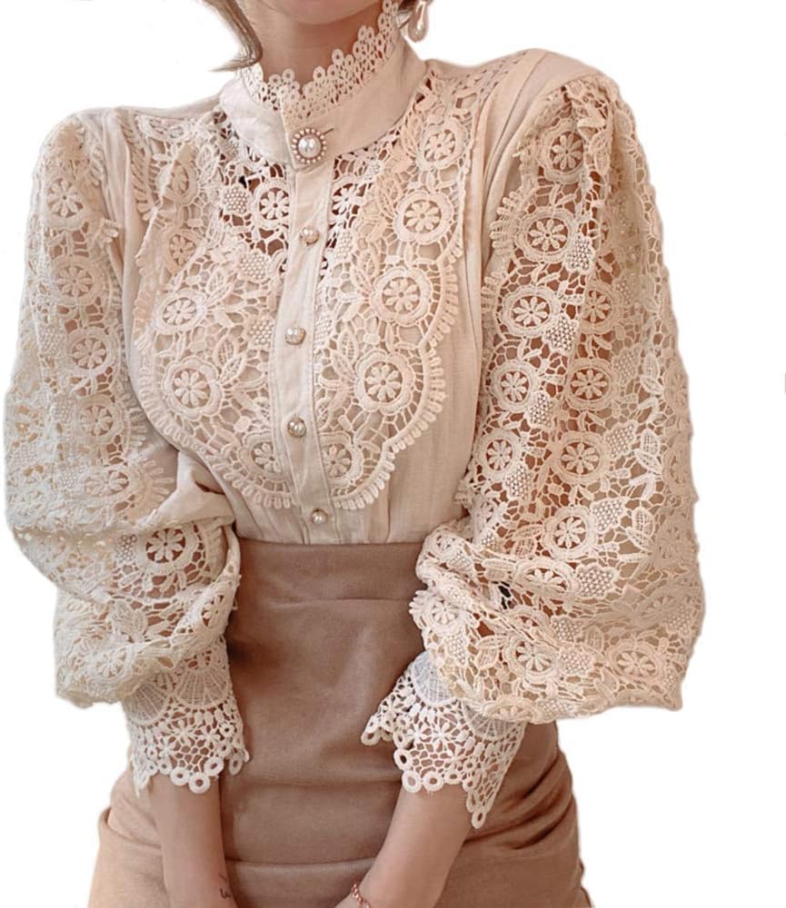 Tivy -  Elegant Lace Trim Shirts Casual Victorian Blouse Long Sleeve Button Down Tops