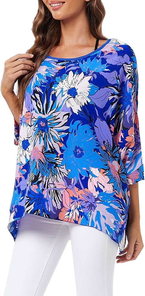 Joyce - Women's Sheer Floral Batwing Sleeve Oversized Off-Shoulder Tunic Blouse