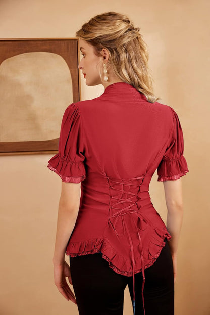 Sandra - Gothic Victorian Women's Lace-Up Blouse with Puff Sleeves and V-Neck Design