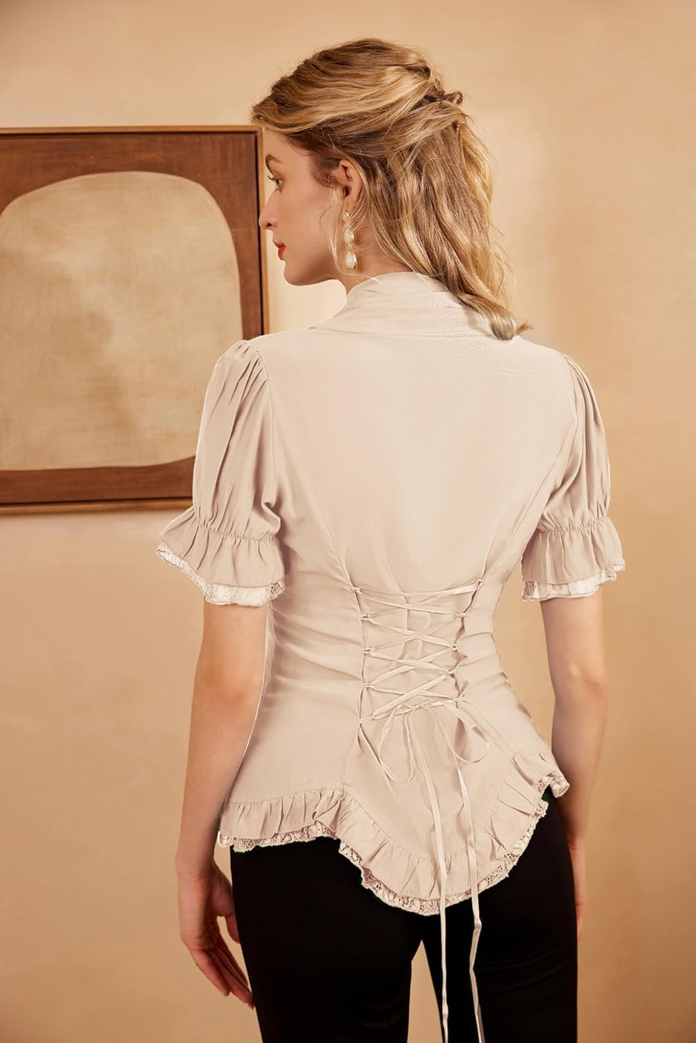 Sandra - Gothic Victorian Women's Lace-Up Blouse with Puff Sleeves and V-Neck Design