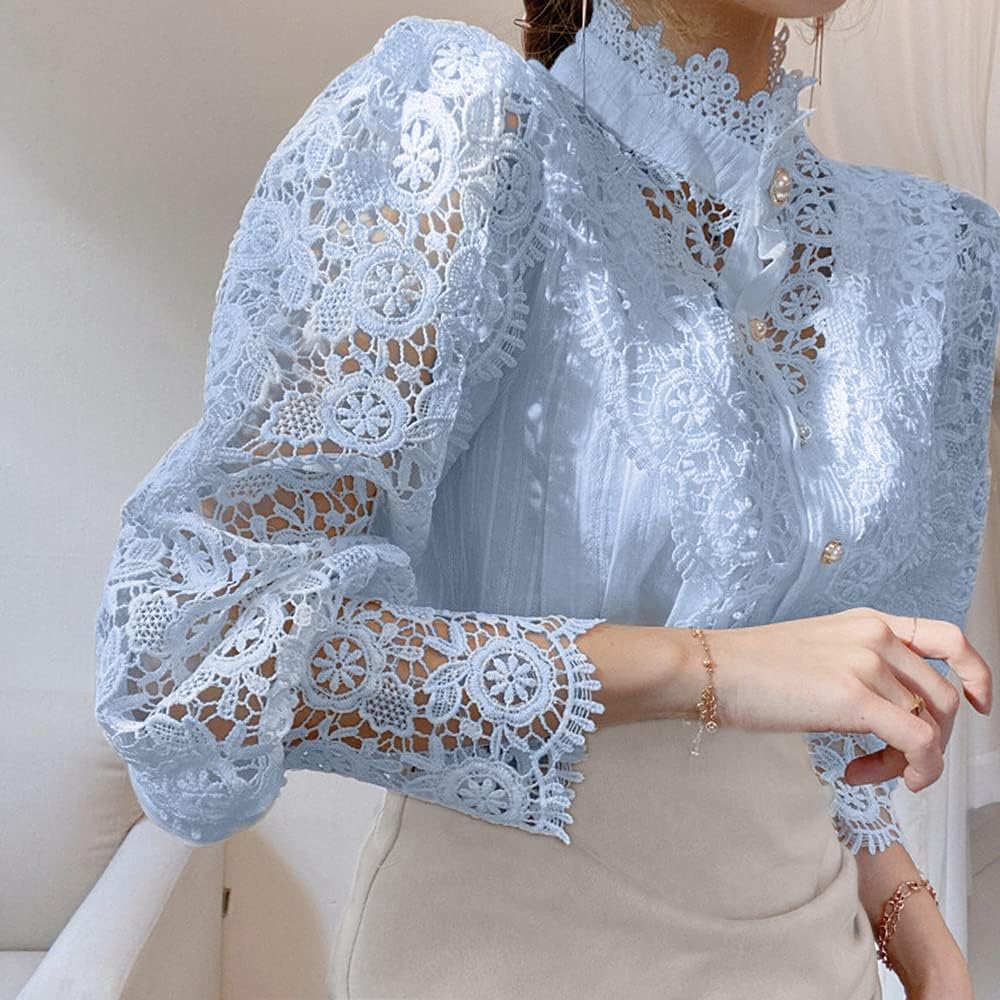 Tivy -  Elegant Lace Trim Shirts Casual Victorian Blouse Long Sleeve Button Down Tops