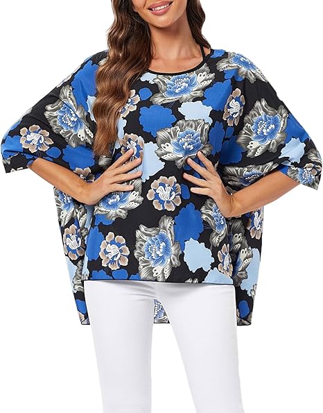 Josephine - Womens Floral Loose Batwing Sleeve Bohemian Sheer Chiffon Oversize Off Shoulder Blouse Tunic Tops