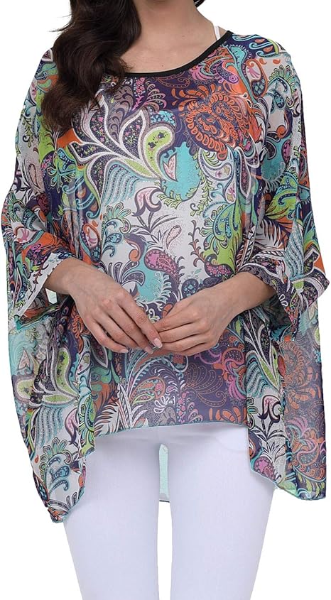 Joyce - Women's Sheer Floral Batwing Sleeve Oversized Off-Shoulder Tunic Blouse