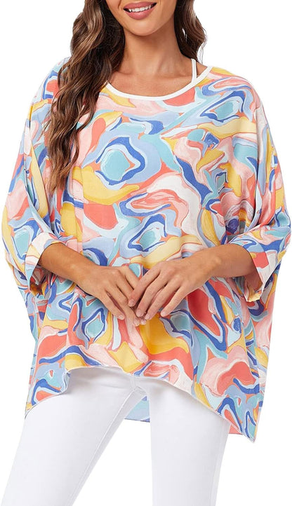 Joyce - Women's Sheer Floral Batwing Sleeve Oversized Off-Shoulder Tunic Blouse