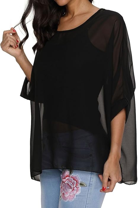 Joyce - Women's Sheer Floral Batwing Sleeve Oversized Off-Shoulder Tunic Blouse