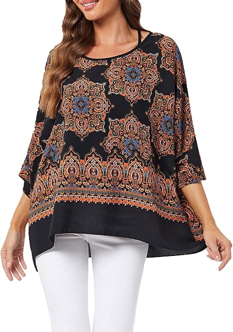 Josephine - Womens Floral Loose Batwing Sleeve Bohemian Sheer Chiffon Oversize Off Shoulder Blouse Tunic Tops