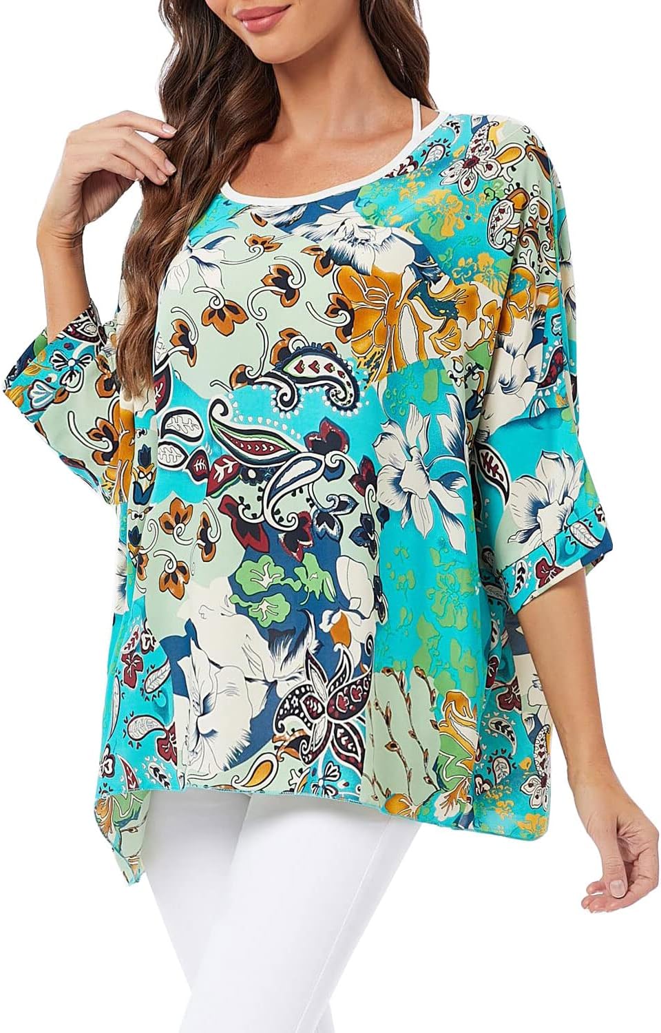 Josephine - Womens Floral Loose Batwing Sleeve Bohemian Sheer Chiffon Oversize Off Shoulder Blouse Tunic Tops