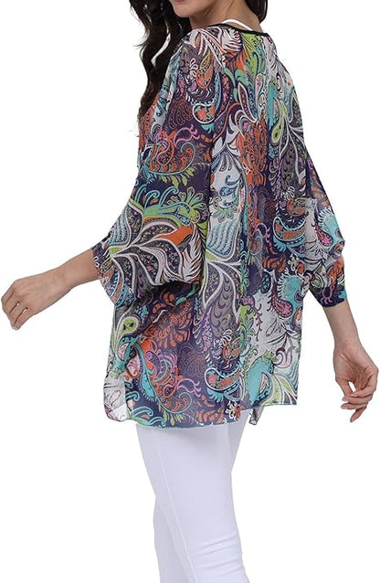 Joyce - Women's Sheer Floral Batwing Sleeve Oversized Off-Shoulder Tunic Blouse