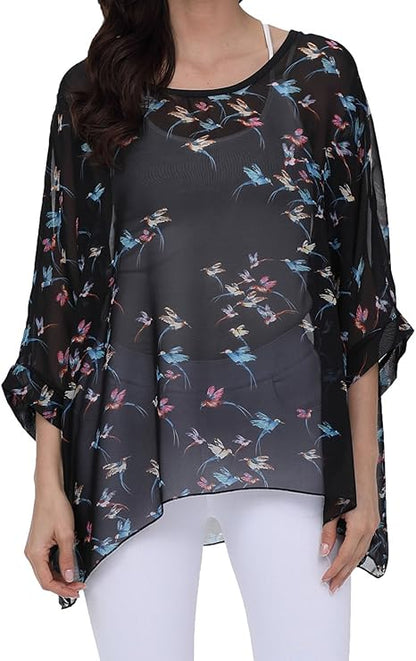 Joyce - Women's Sheer Floral Batwing Sleeve Oversized Off-Shoulder Tunic Blouse