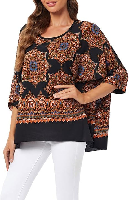 Josephine - Womens Floral Loose Batwing Sleeve Bohemian Sheer Chiffon Oversize Off Shoulder Blouse Tunic Tops