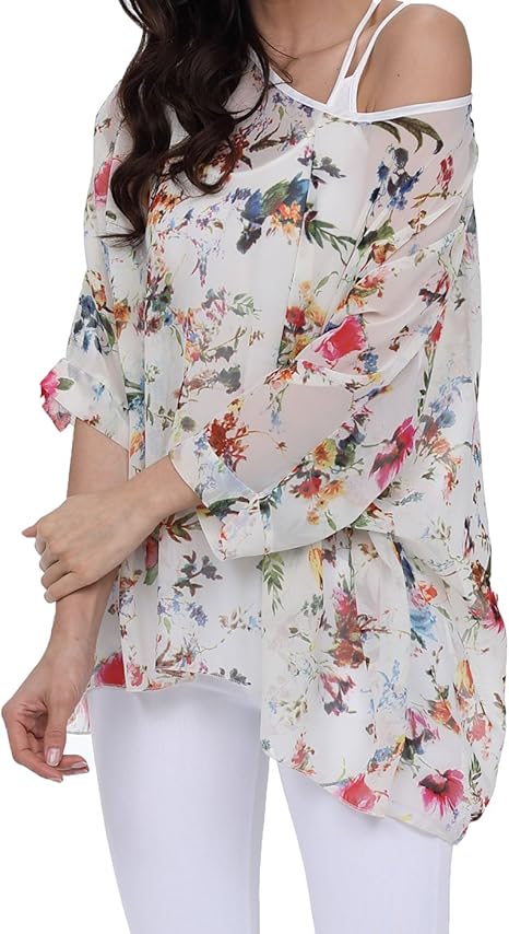 Joyce - Women's Sheer Floral Batwing Sleeve Oversized Off-Shoulder Tunic Blouse