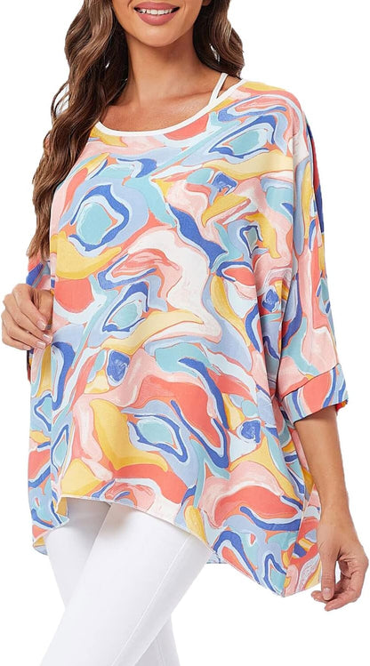 Joyce - Women's Sheer Floral Batwing Sleeve Oversized Off-Shoulder Tunic Blouse