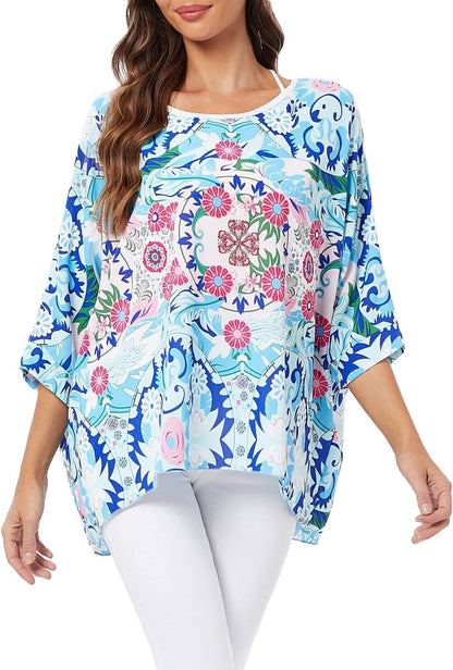 Josephine - Womens Floral Loose Batwing Sleeve Bohemian Sheer Chiffon Oversize Off Shoulder Blouse Tunic Tops