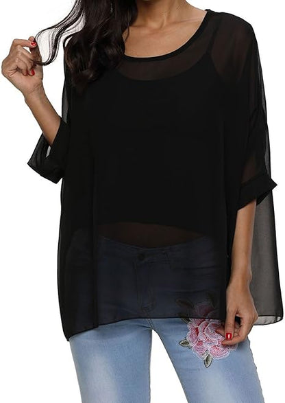 Joyce - Women's Sheer Floral Batwing Sleeve Oversized Off-Shoulder Tunic Blouse