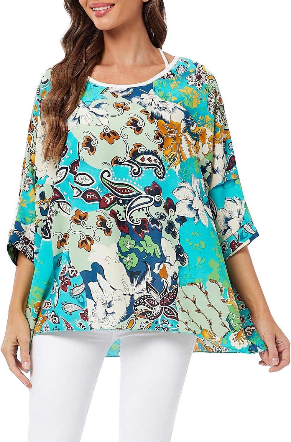 Josephine - Womens Floral Loose Batwing Sleeve Bohemian Sheer Chiffon Oversize Off Shoulder Blouse Tunic Tops