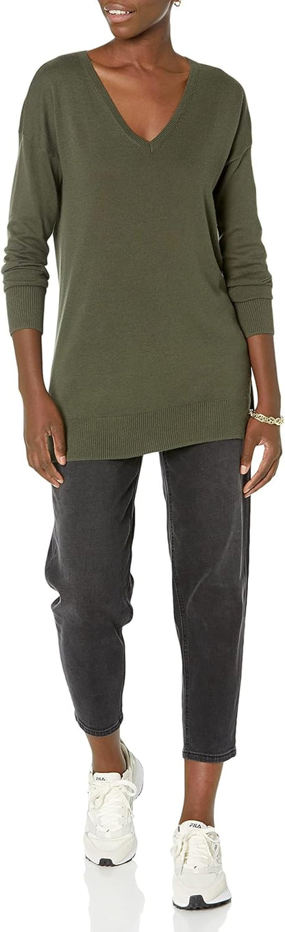 Susan - Essentials Women's Cozy Long-Sleeved V-Neck Tunic Sweater (Plus Size Available)