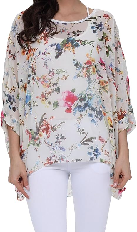 Joyce - Women's Sheer Floral Batwing Sleeve Oversized Off-Shoulder Tunic Blouse