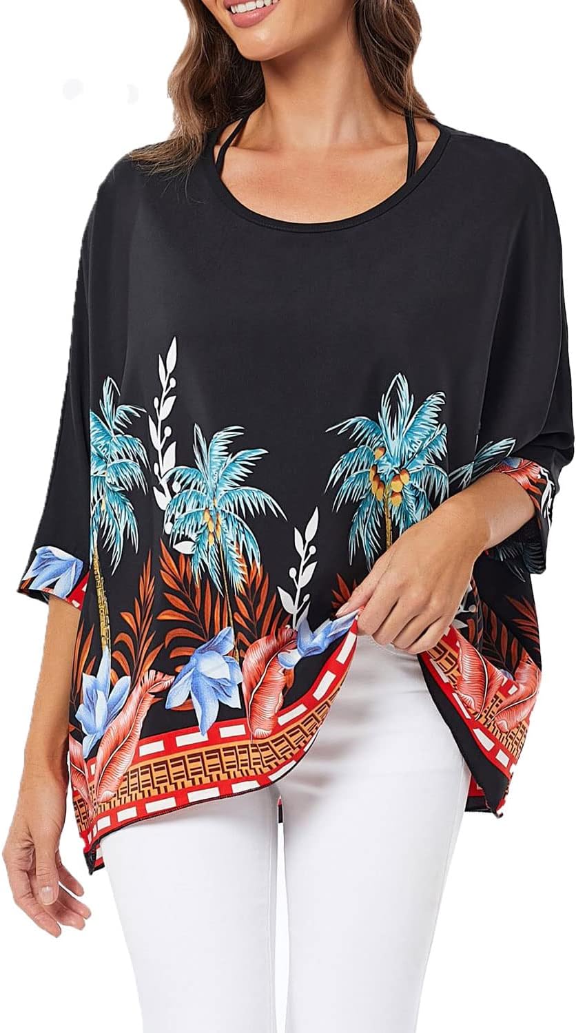 Josephine - Womens Floral Loose Batwing Sleeve Bohemian Sheer Chiffon Oversize Off Shoulder Blouse Tunic Tops