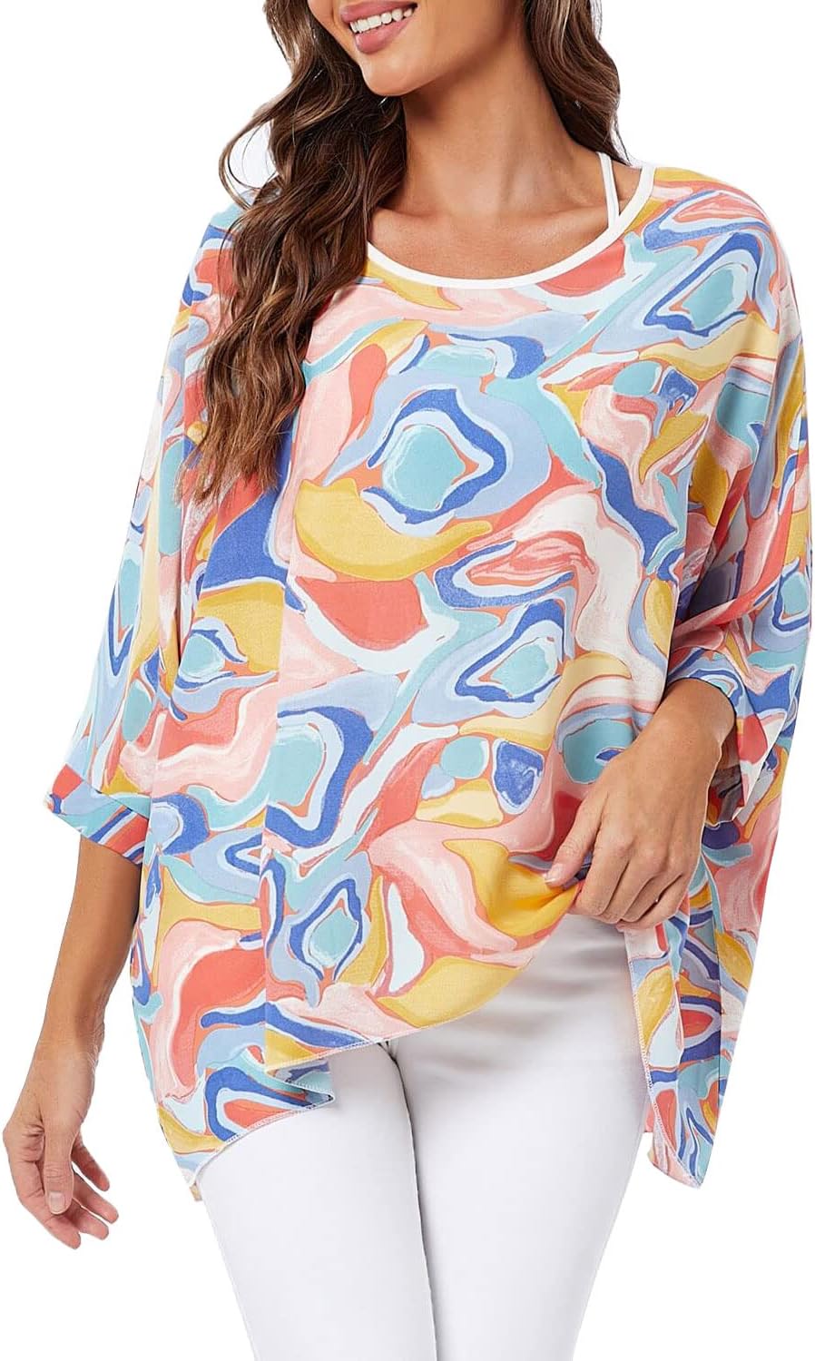 Joyce - Women's Sheer Floral Batwing Sleeve Oversized Off-Shoulder Tunic Blouse