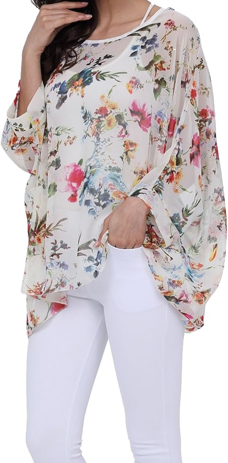 Joyce - Women's Sheer Floral Batwing Sleeve Oversized Off-Shoulder Tunic Blouse