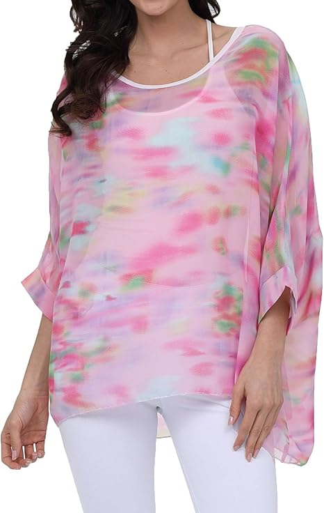 Joyce - Women's Sheer Floral Batwing Sleeve Oversized Off-Shoulder Tunic Blouse