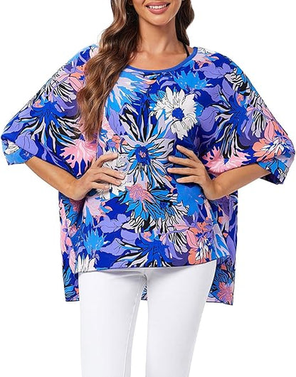 Joyce - Women's Sheer Floral Batwing Sleeve Oversized Off-Shoulder Tunic Blouse