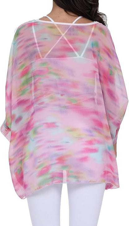 Joyce - Women's Sheer Floral Batwing Sleeve Oversized Off-Shoulder Tunic Blouse