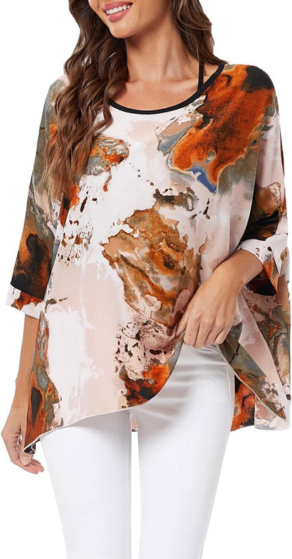 Joyce - Women's Sheer Floral Batwing Sleeve Oversized Off-Shoulder Tunic Blouse