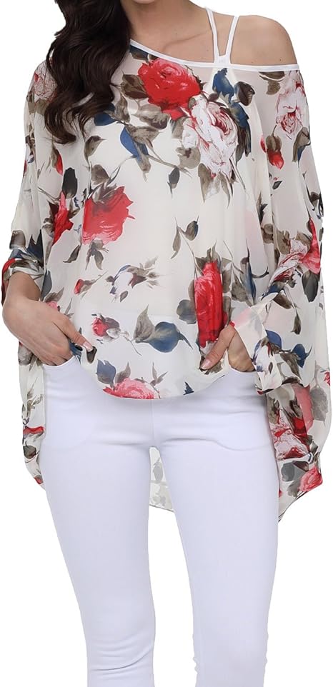 Joyce - Women's Sheer Floral Batwing Sleeve Oversized Off-Shoulder Tunic Blouse