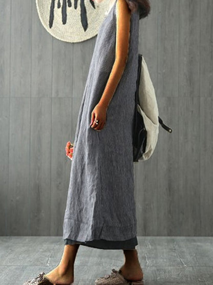 Casual Women's Sleeveless Solid Cotton-Linen Dress with Round Neck