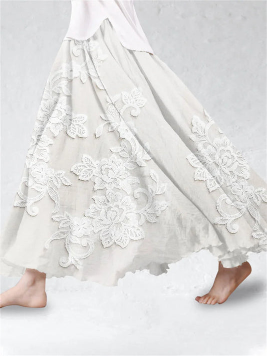 Retro Embroidered Floral Lace Linen Blend Maxi Skirt