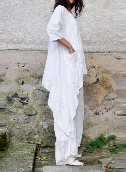 Relaxed Cotton and Linen Jumpsuit with Asymmetrical 3/4 Sleeves