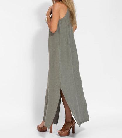 Stylish Sleeveless Cotton Linen Maxi Dress in Solid Colors